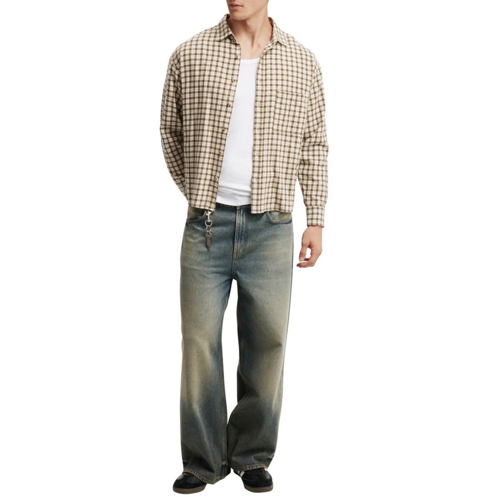 Cotton on Men's Tribeca Oversized Long Sleeve Shirt Stone Mini Check  size‎  2XL - Picture 3 of 17